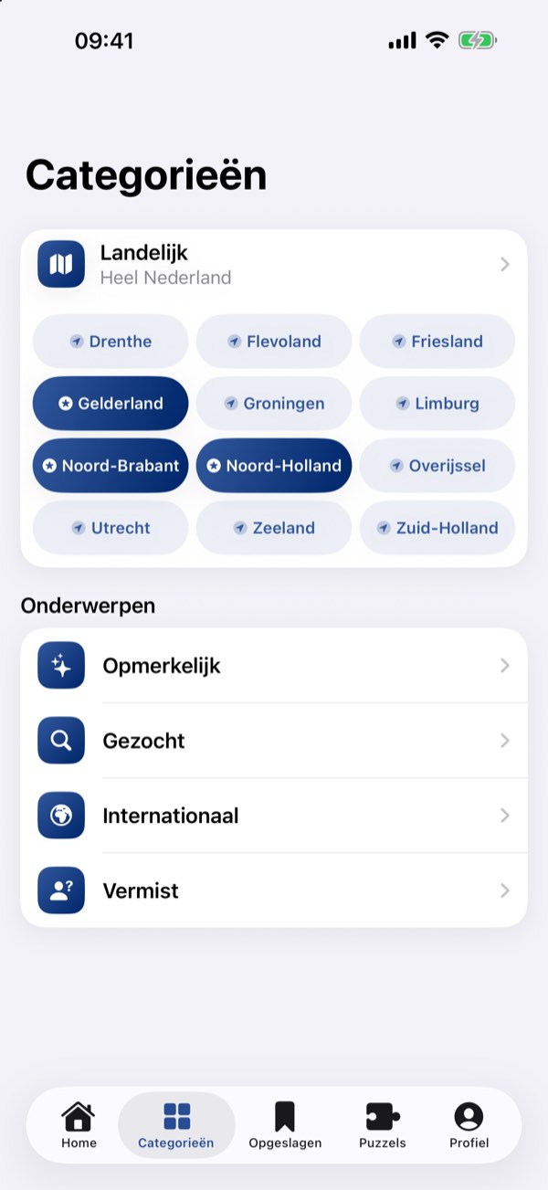 Overzicht van de provincies en onderwerpen waaruit je kunt kiezen.
