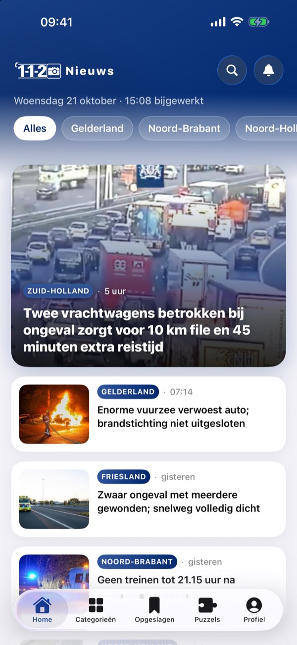 Startpagina van de app met je regio's als knoppen, het grootste nieuws bovenaan en daaronder het laatste nieuws.