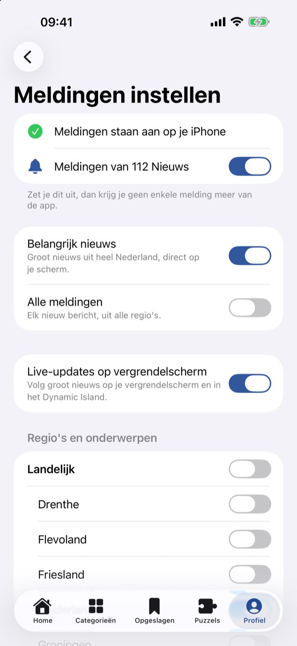 Meldingen instellen: schakelaars voor belangrijk nieuws, alle meldingen, live-updates en per regio.