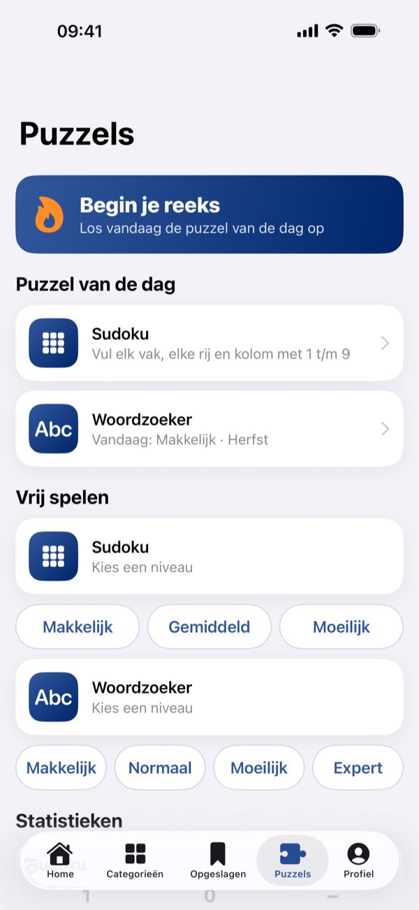 Het puzzelscherm met de puzzel van de dag: sudoku en woordzoeker.